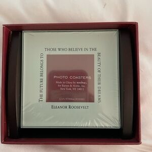 Set of 4 glass photo coasters w/holder by Swing - new in box